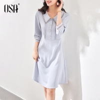 OSA七分袖娃娃领连衣裙春装2021年新款女中长款显瘦衬衫裙子夏季