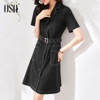 OSA收腰显瘦小黑裙女中长款衬衫连衣裙夏季2021年新款气质a字裙子