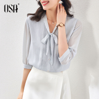 OSA七分袖雪纺衫女百搭蝴蝶结2021春季新款遮肚小衫高档洋气上衣