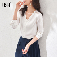 OSA白色V领气质雪纺衫女欧洲站洋气小衫春季2021新款时尚百搭上衣