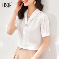 OSA白色雪纺v领衬衫女夏季2021年新款设计感小众衬衣短袖上衣薄款