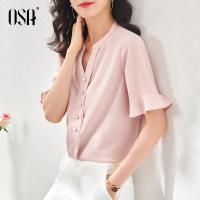 OSA粉色短袖v领雪纺衫女夏季2021年新款遮肚显瘦上衣高档洋气小衫