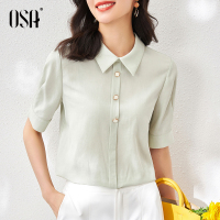 OSA薄荷绿短袖职业衬衫女设计感小众衬衣夏季2021年新款薄款上衣