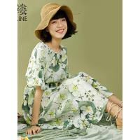 素缕夏装2018新款女文艺印花中长款系带连衣裙五分袖裙子IS8220嬿