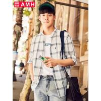 AMH韩版男装2018夏新款青年潮流宽松七分袖格子衬衫男OJ8170燊
