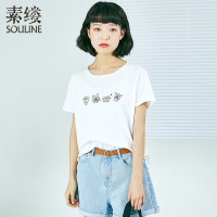素缕夏装2018新款女短袖圆领宽松显瘦上衣可爱印花T恤IS8200媫