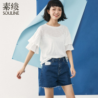 素缕夏装2018新款女装T恤荷叶袖文艺上衣通勤宽松女t恤衫RS8208鹍