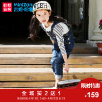 米妮哈鲁童装2018春装新款裤子中大童长裤儿童裤子女童牛仔背带裤ZH8236