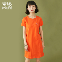 素缕夏装2018新款女中裙胸针棉直筒显瘦简约纯色连衣裙DS8217媫