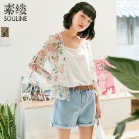 素缕夏装2018新款女文艺宽松显瘦开衫印花外穿雪纺衫上衣SX8259鹍