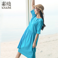 素缕夏装2018新款女宽松显瘦五分袖蓝色麻中长款连衣裙DS8211芠