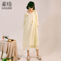 素缕夏装2018新款女文艺绣花A字型连衣裙双层裙摆裙子女RS8211嬿