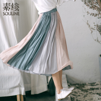 素缕夏装2018新款女百褶A字裙长裙宽松松紧腰显瘦半身裙RS8242媫