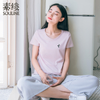 素缕夏装2018新款女装修身套头t短袖T恤衫V领文艺套头衫DS8234嬿