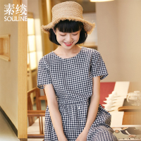 素缕夏装2018新款女装宽松裙圆领格子连衣裙复古中长裙女SC8220鹍