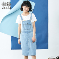 素缕夏装2018新款女装文艺减龄可调节背带裙女牛仔连衣裙IS8227喨