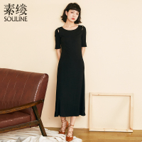 素缕2018夏装新款女圆领黑色长款打底针织修身连衣裙气质SX8228芠