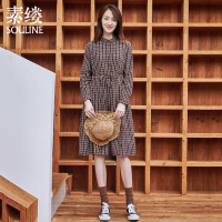素缕春装2018新款女文艺裙子格子裙系扣连衣裙长裙HS8113栐