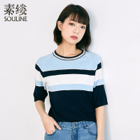 素缕夏装2018新款女文艺条纹圆领套头针织衫女宽松上衣IS8272尛