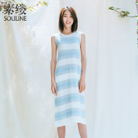 素缕夏装2018新款女装文艺无袖宽松A字裙中长条纹连衣裙QS8253竸