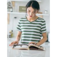 素缕2018夏装新款女装文艺合体舒适简约条纹短袖V领T恤女SC8212竸