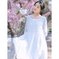 素缕夏装2018新款女文艺裙子圆领七分袖中裙连衣裙腰带QS8226栐