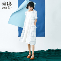 素缕夏装2018新款女气质开襟五分袖中长款系扣连衣裙SX8202芠