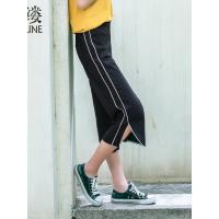 素缕夏装2018新款女简约侧边条纹开衩阔腿裤休闲裤七分裤QS8239芠