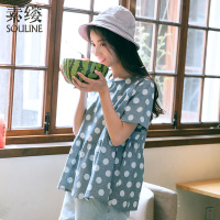素缕2018夏装新款女装波点印花捏褶圆领短袖T恤女上装RS8223竸