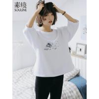 素缕夏装2018新款女装文艺宽松白色印花圆领常规T恤女潮SX8314鑫