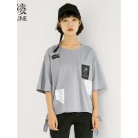 素缕夏装2018女装宽松时尚新款方块印花系带灰色T恤女RS8363竸
