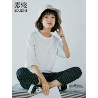 素缕2018夏装新款宽松文艺T恤内搭套头衫五分袖女装上衣HS8342鶭