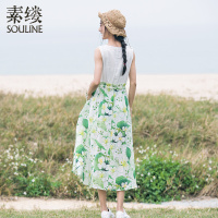 素缕夏装2018新款女装文艺拼接印花中长款裙子连衣裙女IS8230鑫