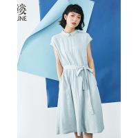 素缕夏装2018新款女装文艺宽松收腰中长短袖连衣裙女SX8233竸
