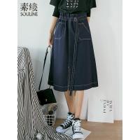 素缕夏装2018新款女装文艺简约牛仔半身裙抽绳系带DS8317竸