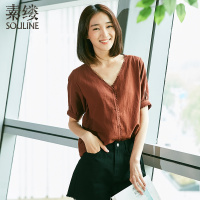 素缕2018夏装新款女装文艺宽松花边短袖外搭衬衫上衣女SC8263竸