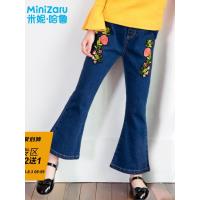 噺米妮哈鲁童装2018秋装新款女童牛仔裤中大童长裤儿童刺绣喇叭裤