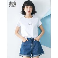 素缕夏装2018新款女简约印花百搭显瘦棉白色短袖T恤宽松SX8211媫