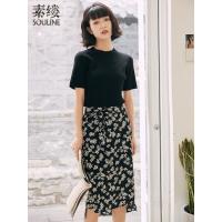 素缕夏装2018新款女文艺碎花雪纺a字系带半身裙中长裙SV8225尛