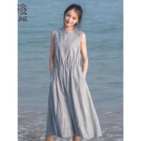 素缕秋装女2018新款文艺中长裙棉麻条纹斜襟连衣裙裙子女IS8229鑫