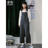 素缕秋季2018新款女装格子背带两穿复古时尚直筒休闲裤CS8317媫