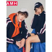 AMH韩版男装2018秋装潮流情侣学生条纹拼接开衫卫衣NV7827恊椿