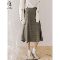 素缕秋装女2018新款复古格子中长款高腰毛呢半身裙A字HS8325鑫