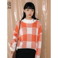 素缕秋装女2018新款圆领格子文艺宽松套头毛衣CS8308竸