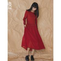 素缕秋装女2018新款复古拼接松紧腰显瘦大摆中长裙连衣裙IS8320竸