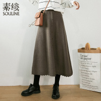 素缕冬装女2018新款A字裙长裙文艺松紧腰针织高腰半身裙HS9104媫