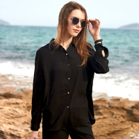 杰米克2018新款春夏女士衬衫金属扣雪纺长袖宽松简约舒适百塔