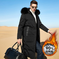 【90%白鸭绒 貉子大毛领 防风 保暖】冬季男款青年大身绗线细节插袋通勤外套白鸭绒连帽长款男士羽绒服