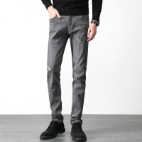 【清爽水洗】新款时尚简约风潮流磨白水洗膝围处破洞设计青年微弹显瘦舒适修身小直筒男士牛仔裤