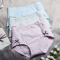 ENK女士内裤 中腰时尚蕾丝条纹棉档少女可爱三角短裤3条盒装
